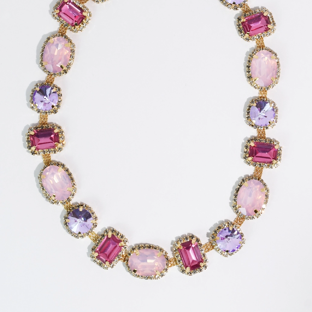 The Rosalie Gem Necklace with geometric pink and lavender stones in gold, Treasure Jewels