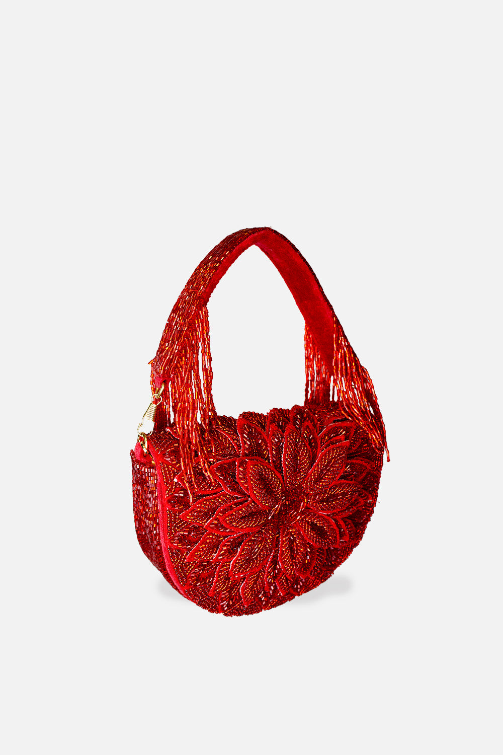Ruby Dahlia Beaded Handbag with detailed floral beadwork and beaded fringe handle, Women's Purses HCO