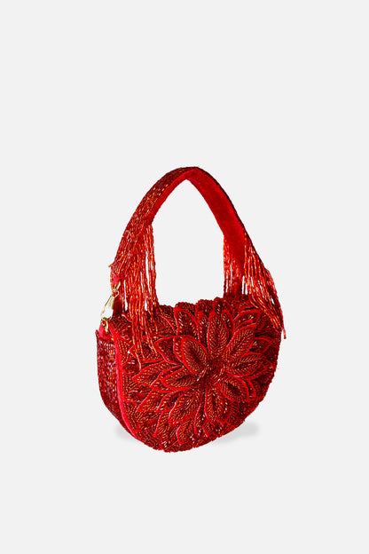 Ruby Dahlia Beaded Handbag with detailed floral beadwork and beaded fringe handle, Women's Purses HCO