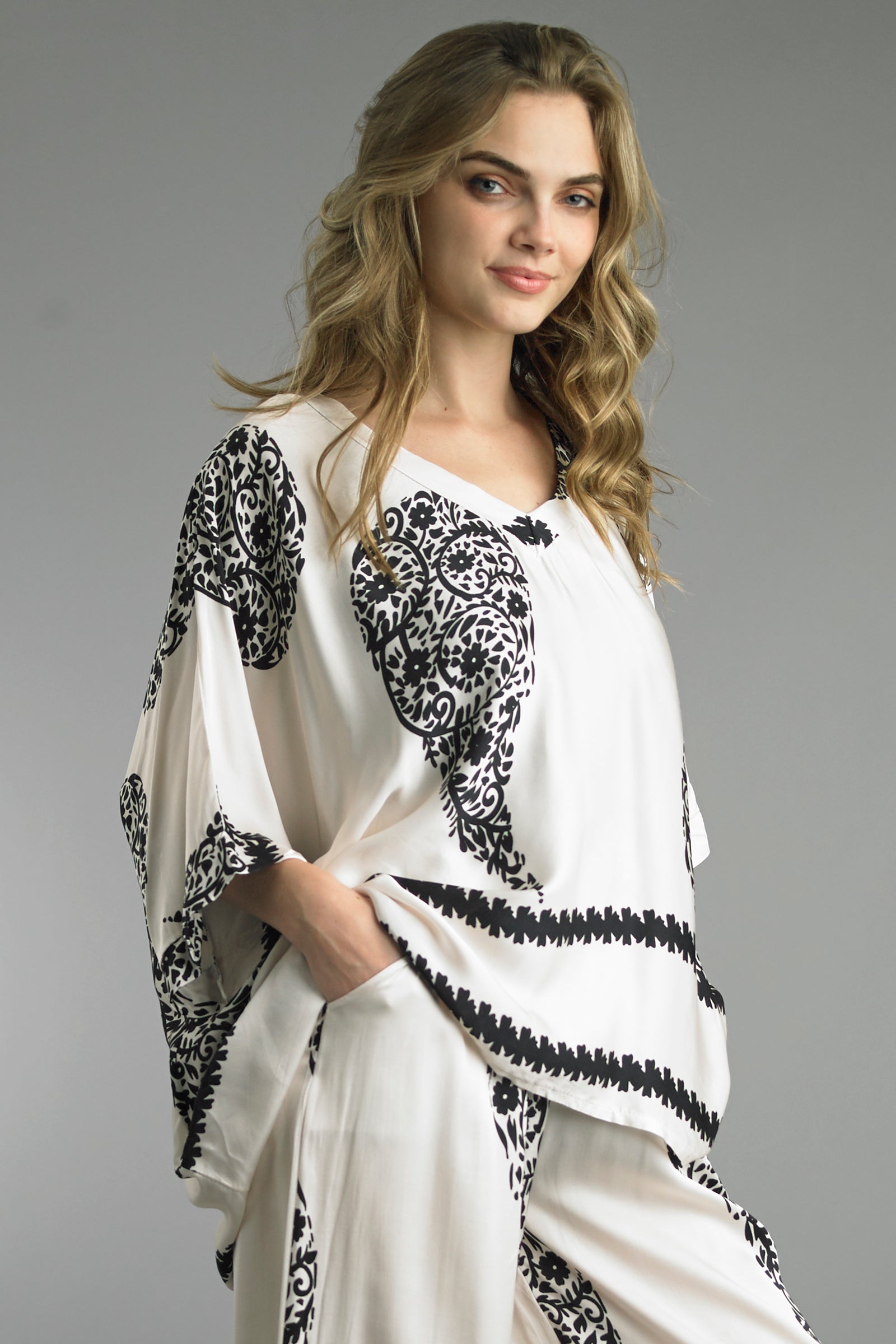Lounge Set in white with black geometric and floral prints, oversized fit, premium viscose