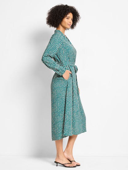 Shadow Dot Olivia Dress in green polka dot pattern with self-tie belt, NIC AND ZOE, Women's Dresses & Jumpsuits