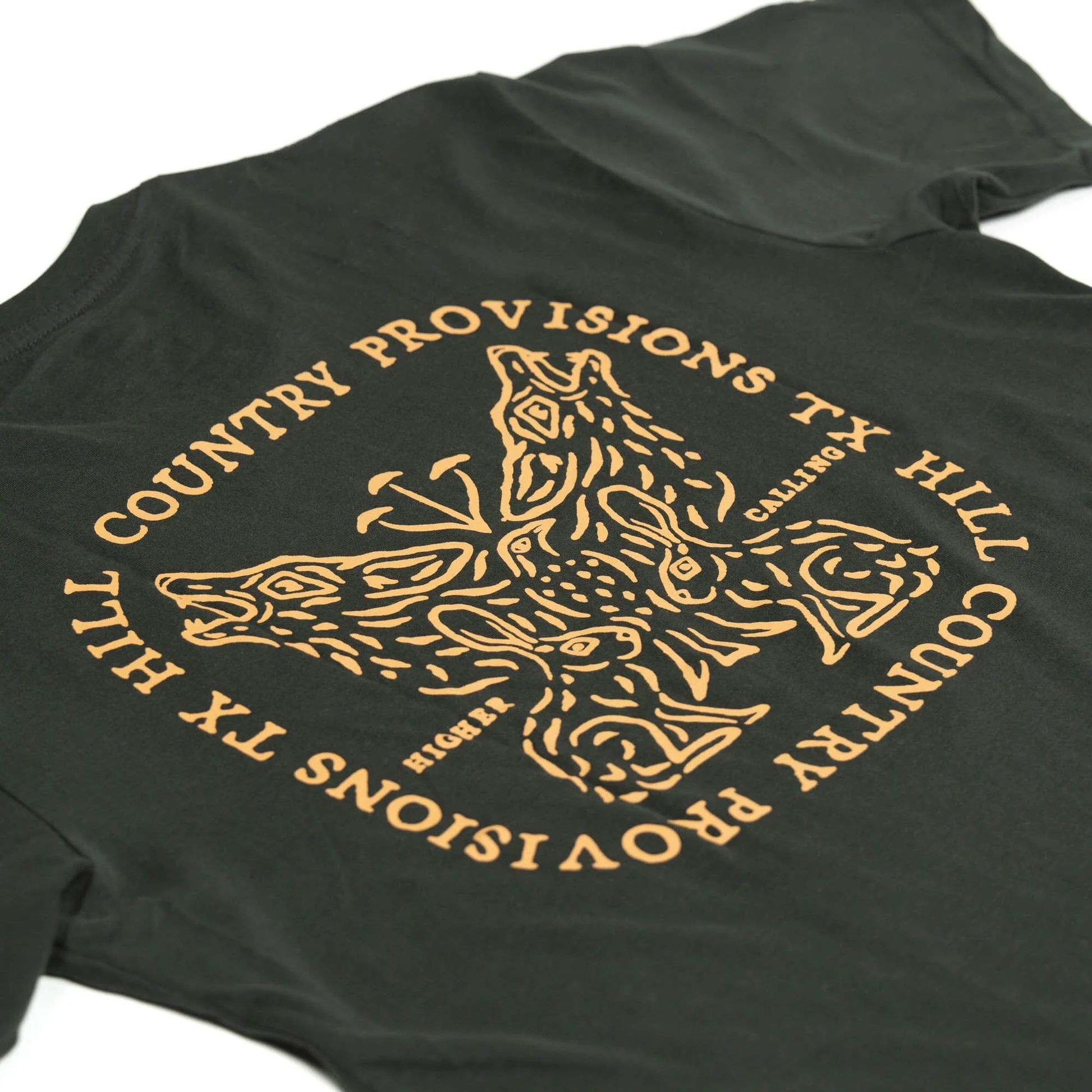 Back design close-up on Higher Calling Tee, vintage black with gold owl-art print