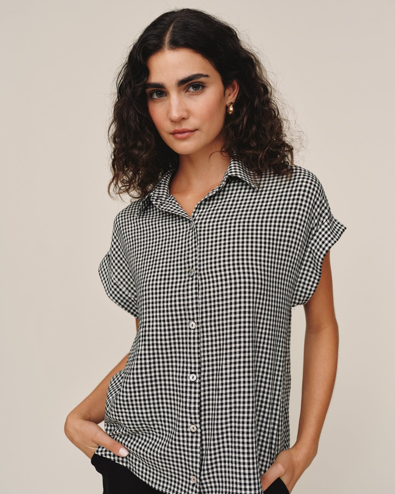 Short Roll Sleeve Shirt - Black Micro Gingham