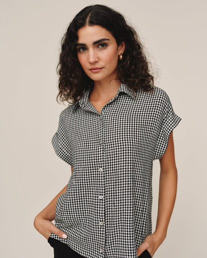 Short Roll Sleeve Shirt - Black Micro Gingham