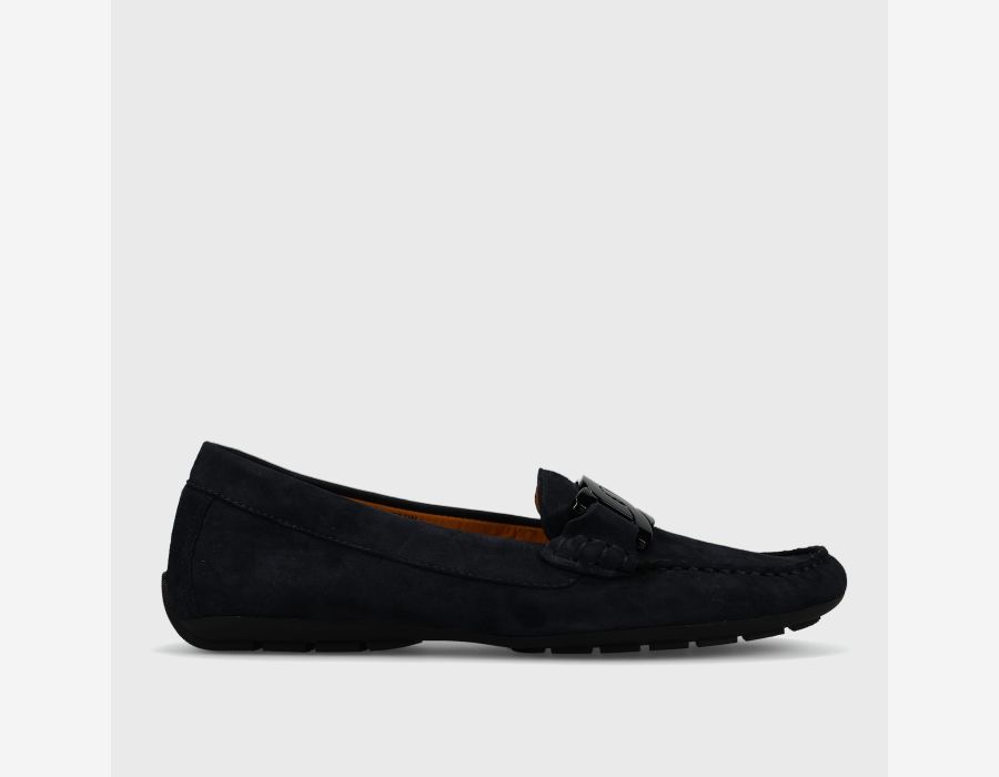 Aiker - Navy Suede glove leather moccasin with chain accent, padded insole, and rubber sole by VANELI
