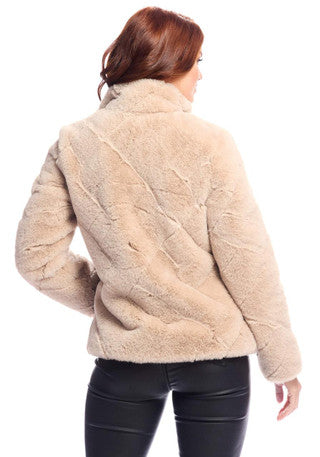 Sand faux-fur zip jacket, quilted panel back view