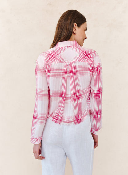 TWO POCKET FRAY HEM CROP SHIRT in pink plaid, breathable fabric, curated in Fredericksburg TX