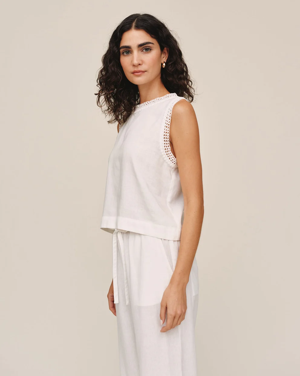 Sleeveless Crochet Edge Top in white Tencel blend with crochet trim and relaxed fit by BELLA DAHL