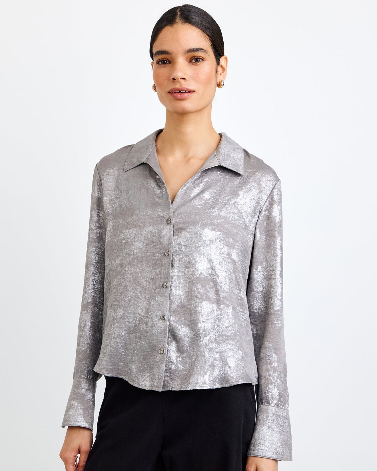 Flowy Wide Collar Button Down Silver Distress Foil / L Flowy Wide Collar Button Down Silver Distress Foil / L