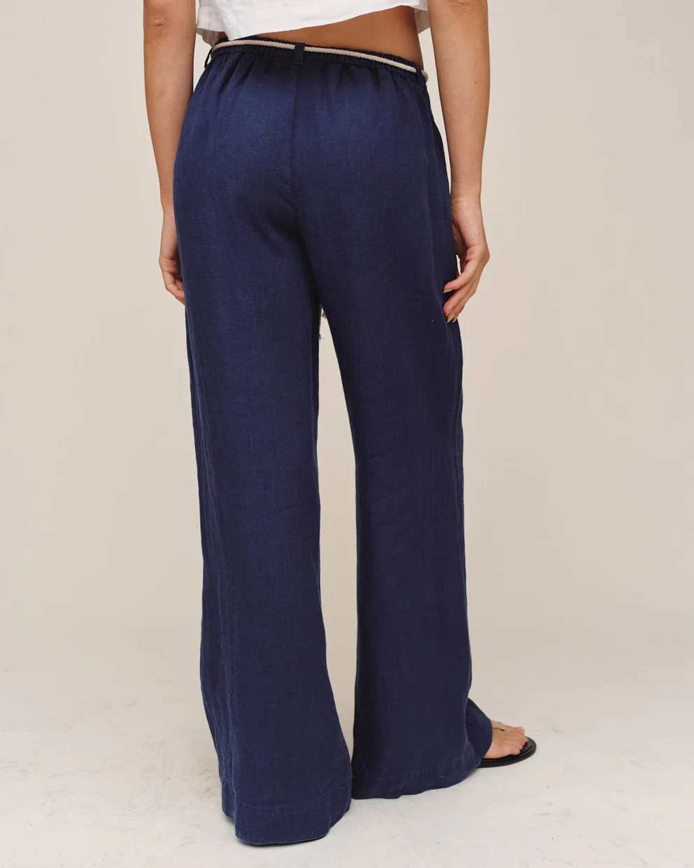 Clean Waist Pintuck Wide Leg navy pants with twist cord waist and side pockets by BELLA DAHL