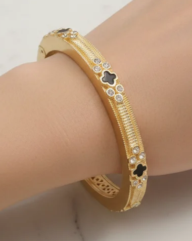Brushed Gold Bangle w/ CZs & Onyx