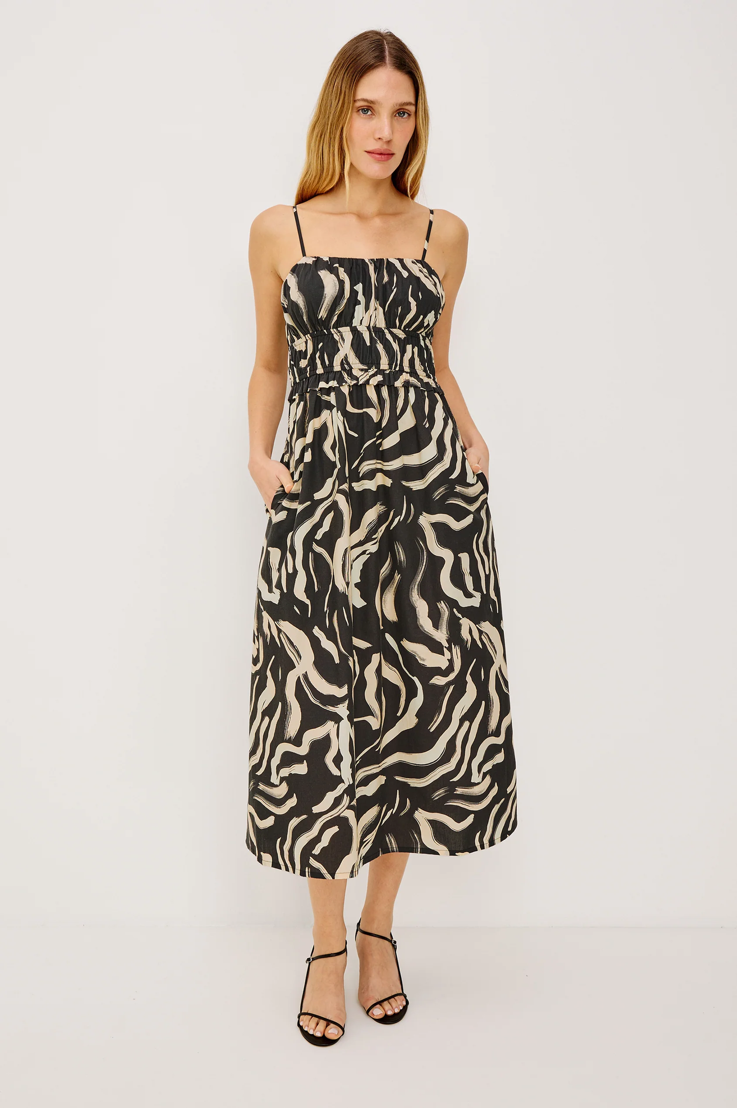 Breeze - Caicos black cotton maxi dress with ruched bust, smocked waist, and abstract print by RAILS