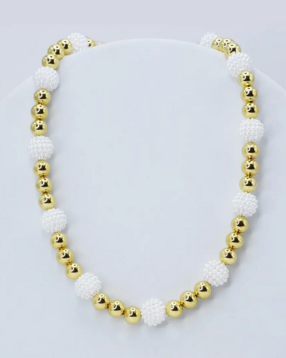 Pearl Blossom Necklace M1 with textured white beads and gold accents, personally curated Fredericksburg TX