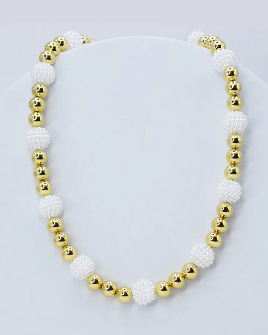 Pearl Blossom Necklace M1 with textured white beads and gold accents, personally curated Fredericksburg TX