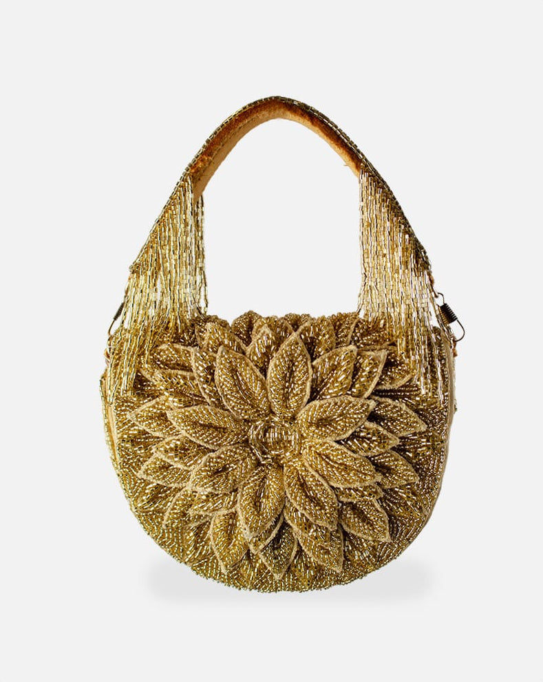 Gold Dahlia Beaded Handbag with floral beaded design and fringe handle, Women's Purses, HCO LA CHIC