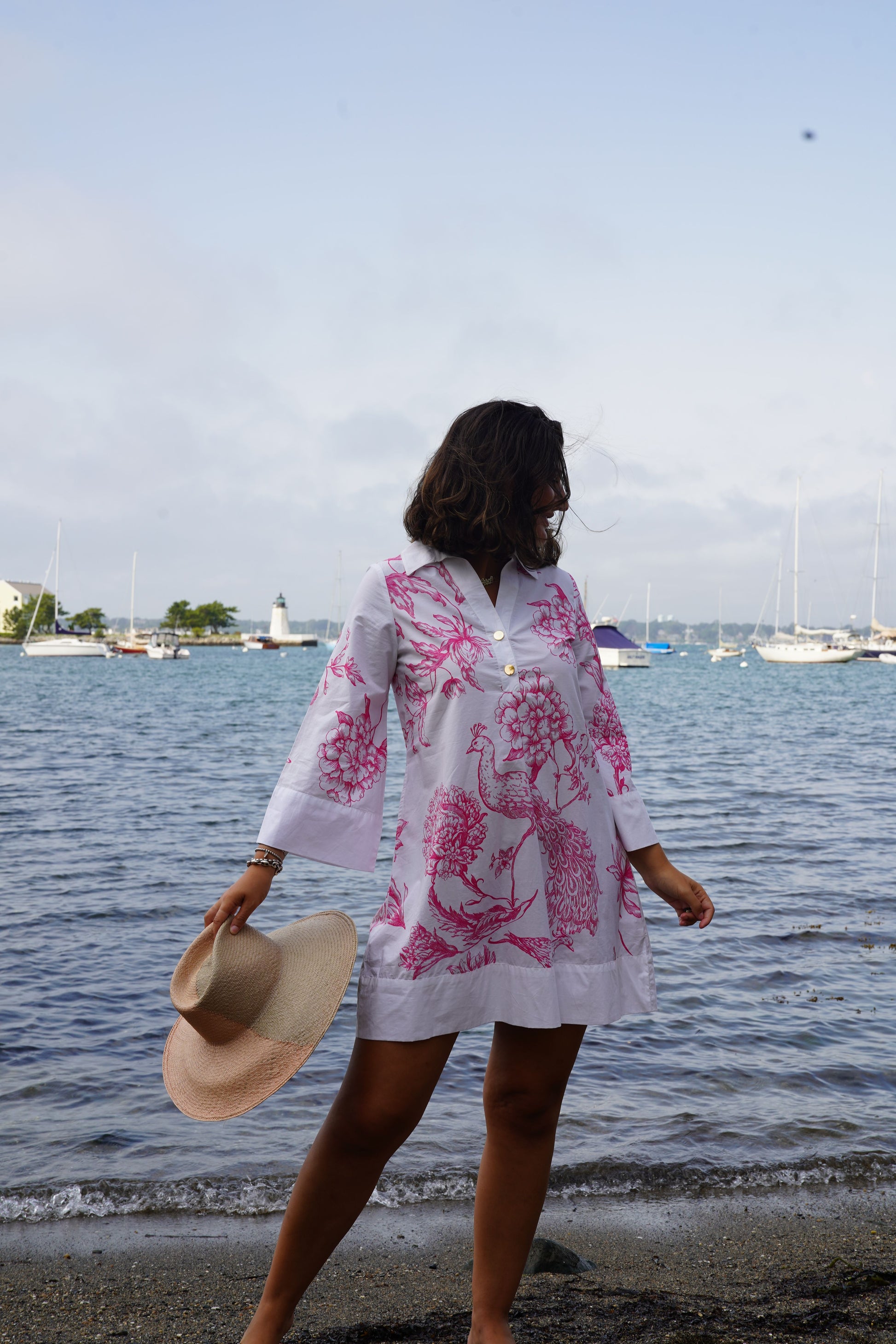 Oceancliff Dress - Peacock in white cotton with pink floral and peacock print by LA PLAGE CABANA