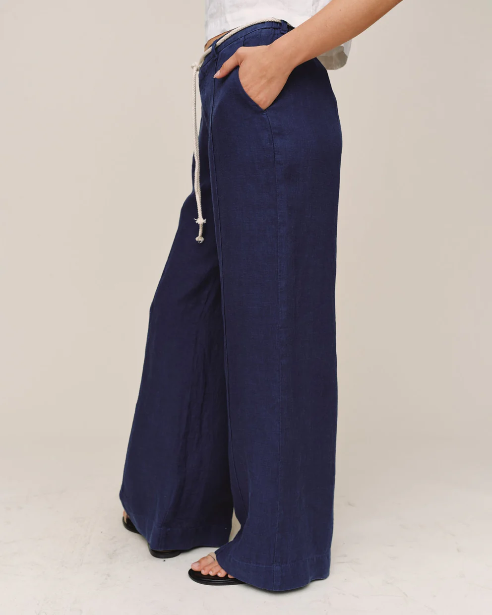 Clean Waist Pintuck Wide Leg navy pants with twist cord waist and side pockets by BELLA DAHL