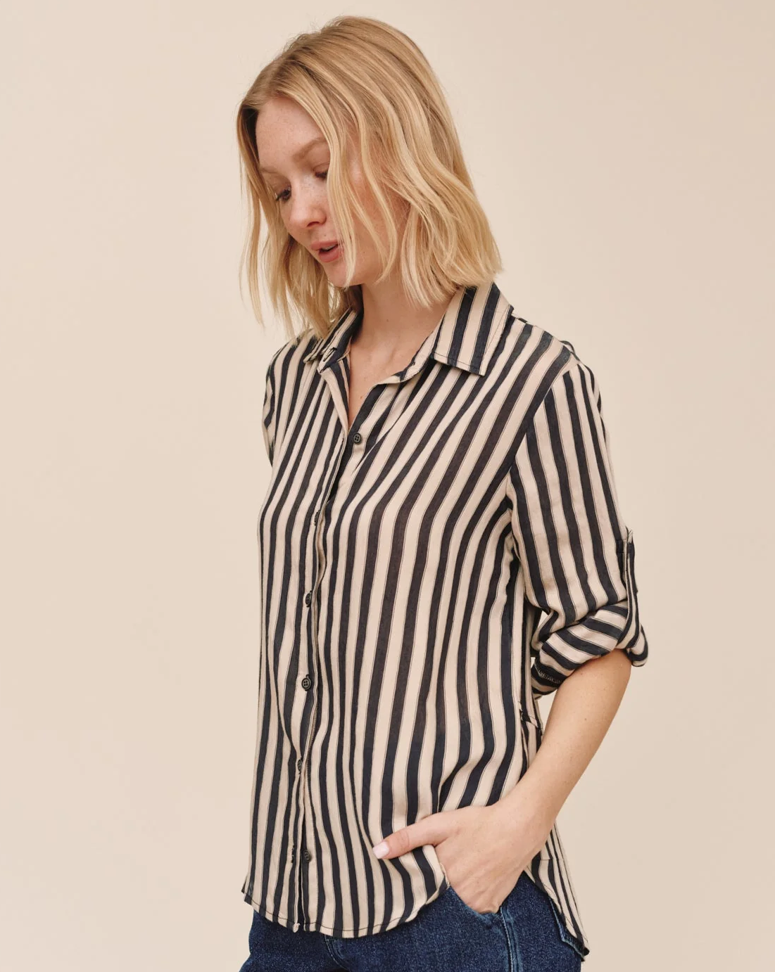 Split Back Button Down - Black/Ecru Stripe