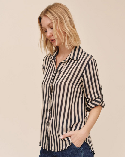 Split Back Button Down - Black/Ecru Stripe