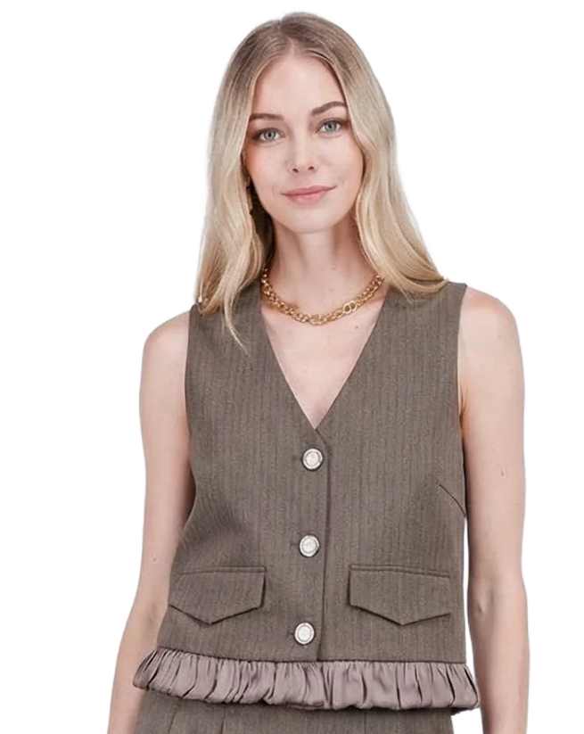 Ruffles Hem Vest - Brown Herringbone