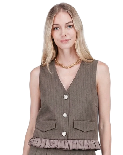 Ruffles Hem Vest - Brown Herringbone
