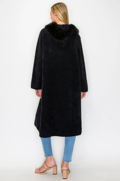 Suraya Knitted Brushed Coat in black with faux fur hood, knit detail, by JOH APPAREL