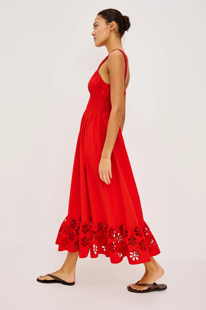 Moira - Scarlet cotton midi dress with embroidered straps and floral cutwork hem by RAILS
