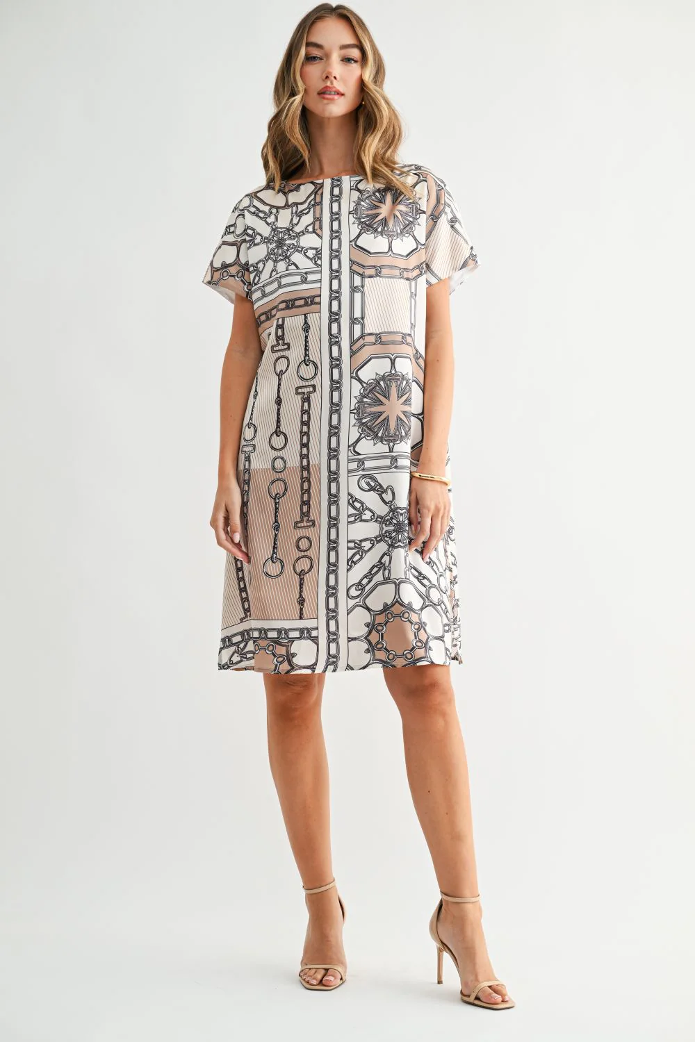 Julissa Dress with relaxed fit, geometric nautical chain print, short sleeves, round neckline by JOH APPAREL