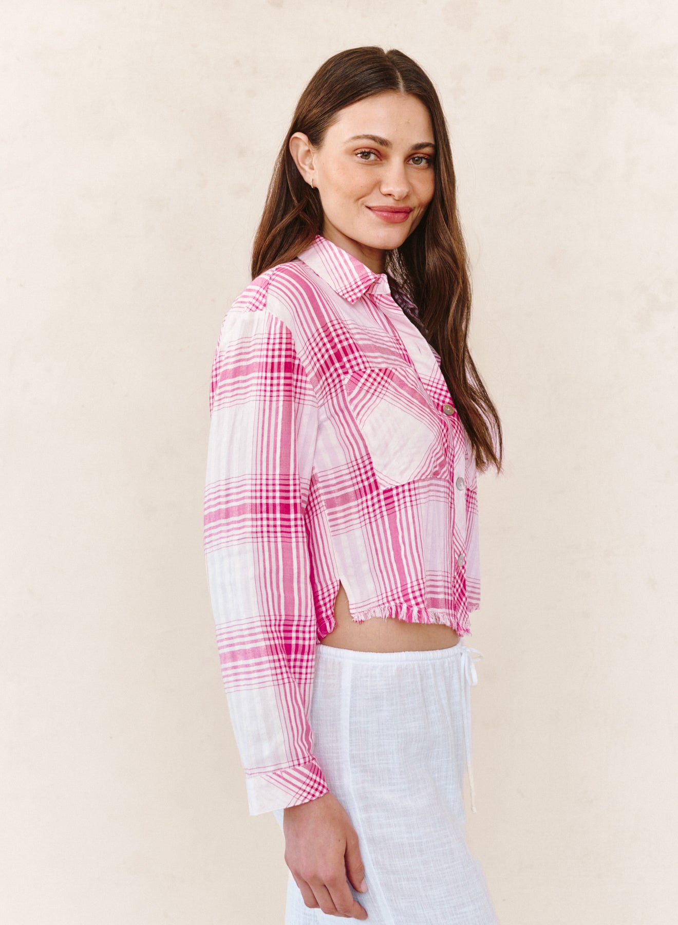 TWO POCKET FRAY HEM CROP SHIRT in pink plaid from Bella Dahl, boutique style Fredericksburg TX