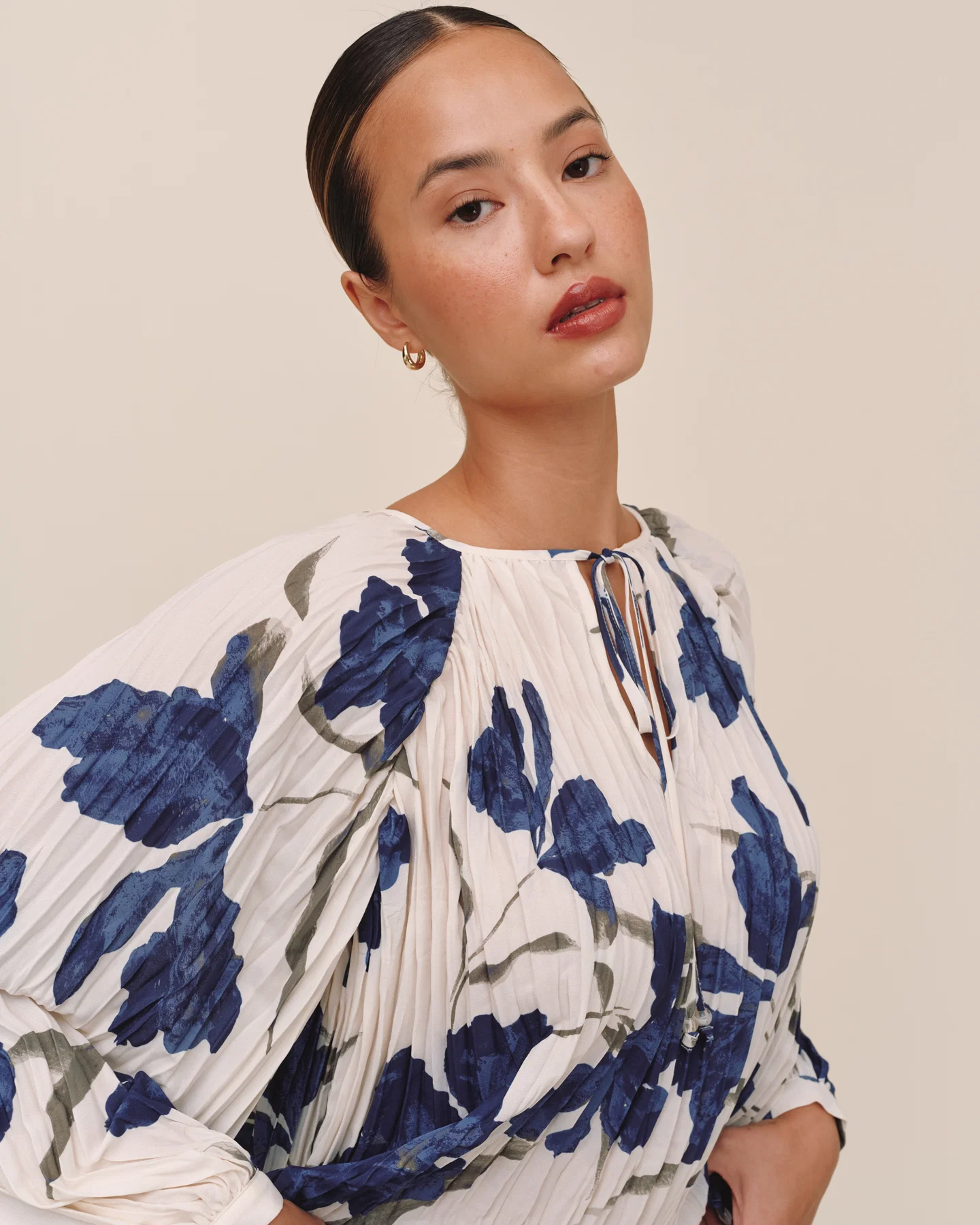Pleated Tie Front Top - Indigo Iris