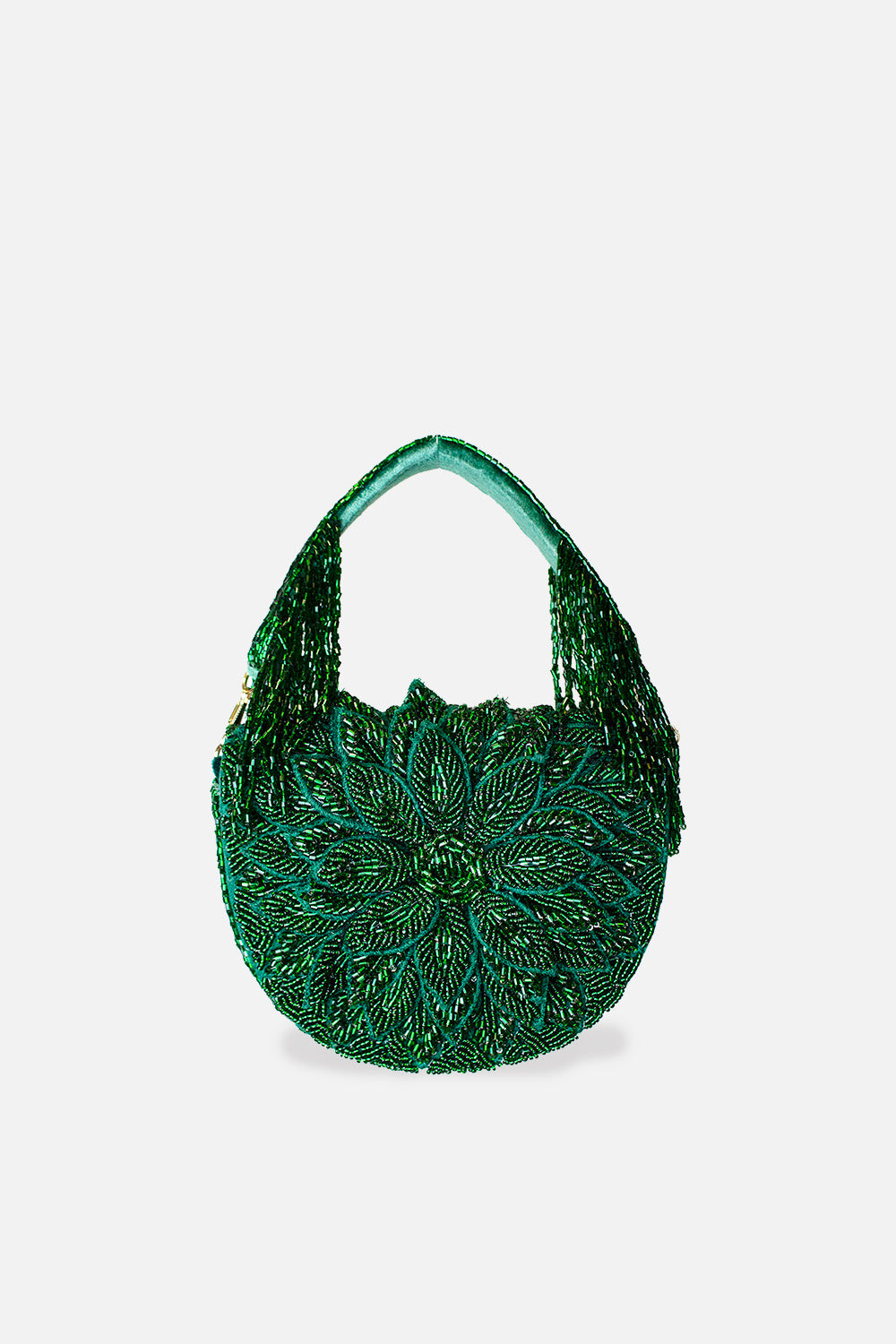 Emerald Dahlia Beaded Handbag with floral pattern and beaded fringe handle, Women's Purses HCO LA CHIC