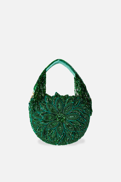 Emerald Dahlia Beaded Handbag with floral pattern and beaded fringe handle, Women's Purses HCO LA CHIC