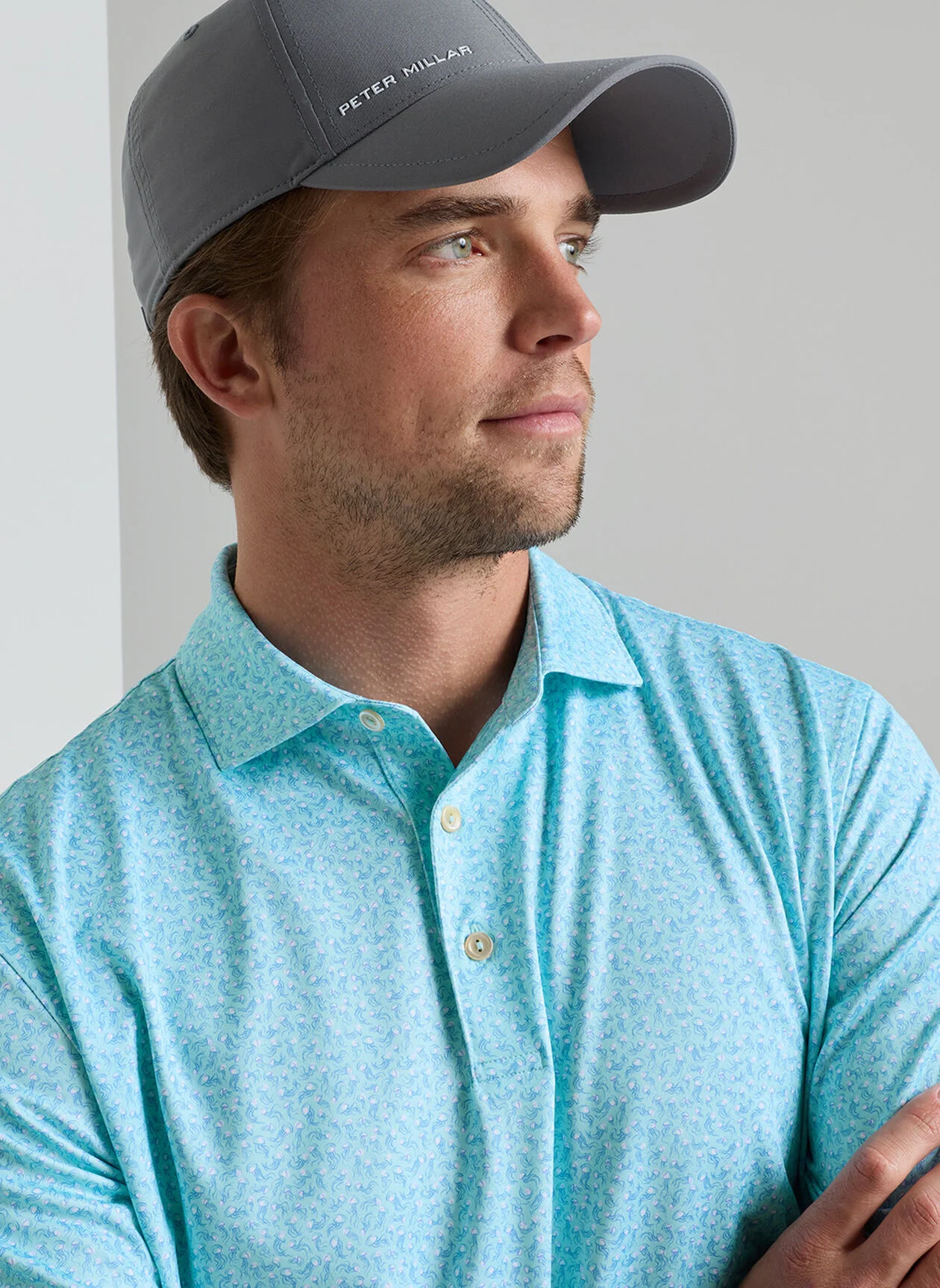Jellyfish Performance Jersey Polo in light blue animal print with moisture wicking and UV protection
