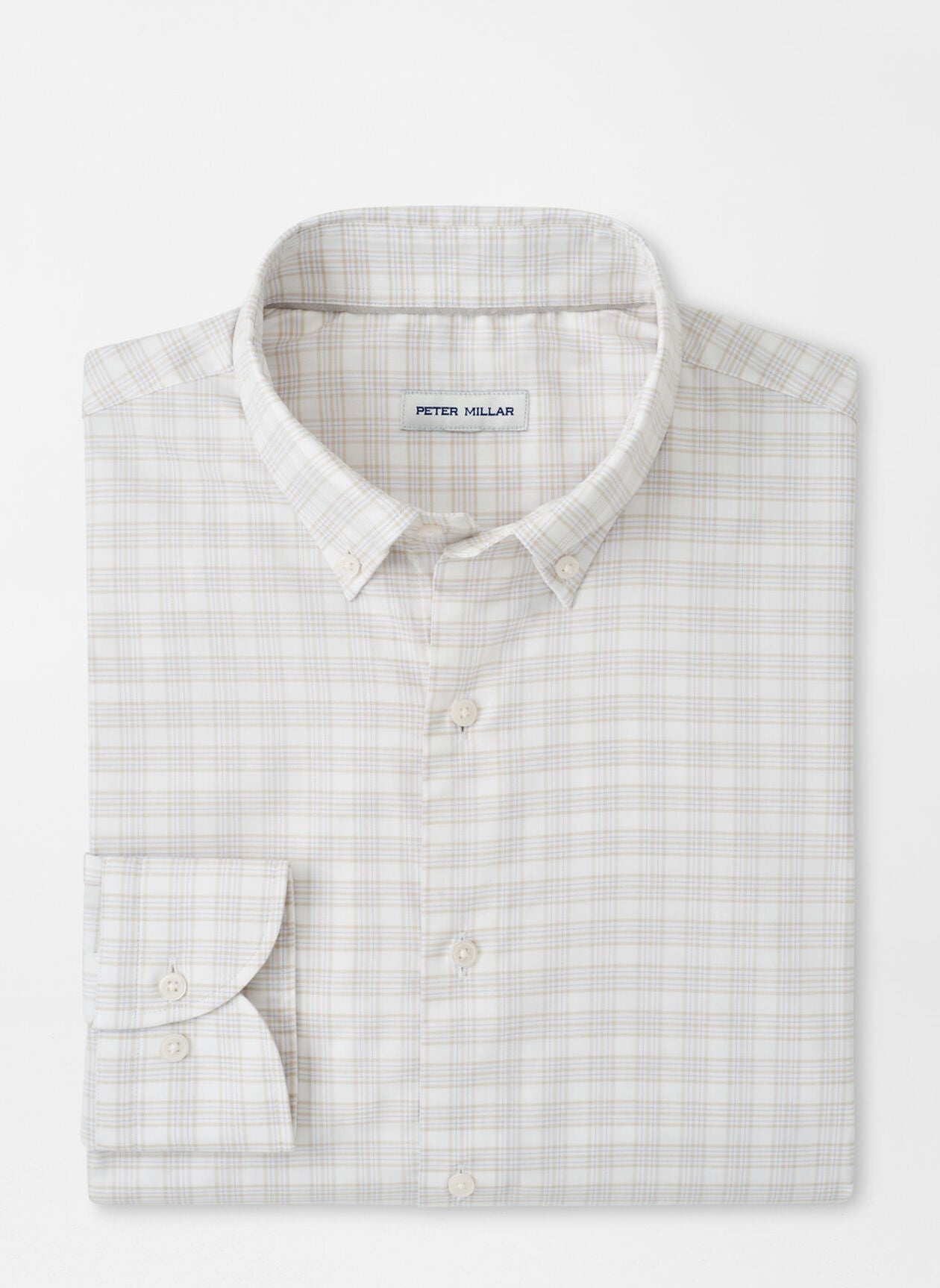 Douglas Crown Lite Cotton-Stretch Sport Shirt in white beige plaid with moisture wicking by PETER MILLAR