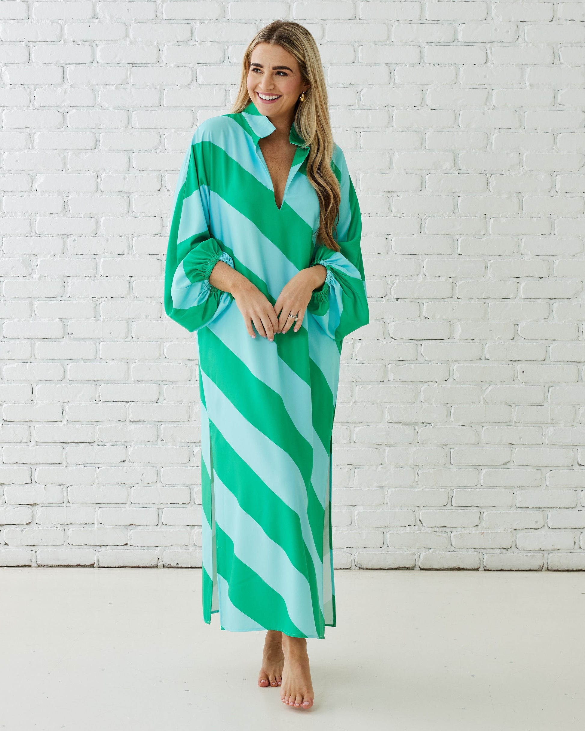 Coco Caftan Aqua/Green striped silky dress with relaxed fit and billowy sleeves, Caryn Lawn