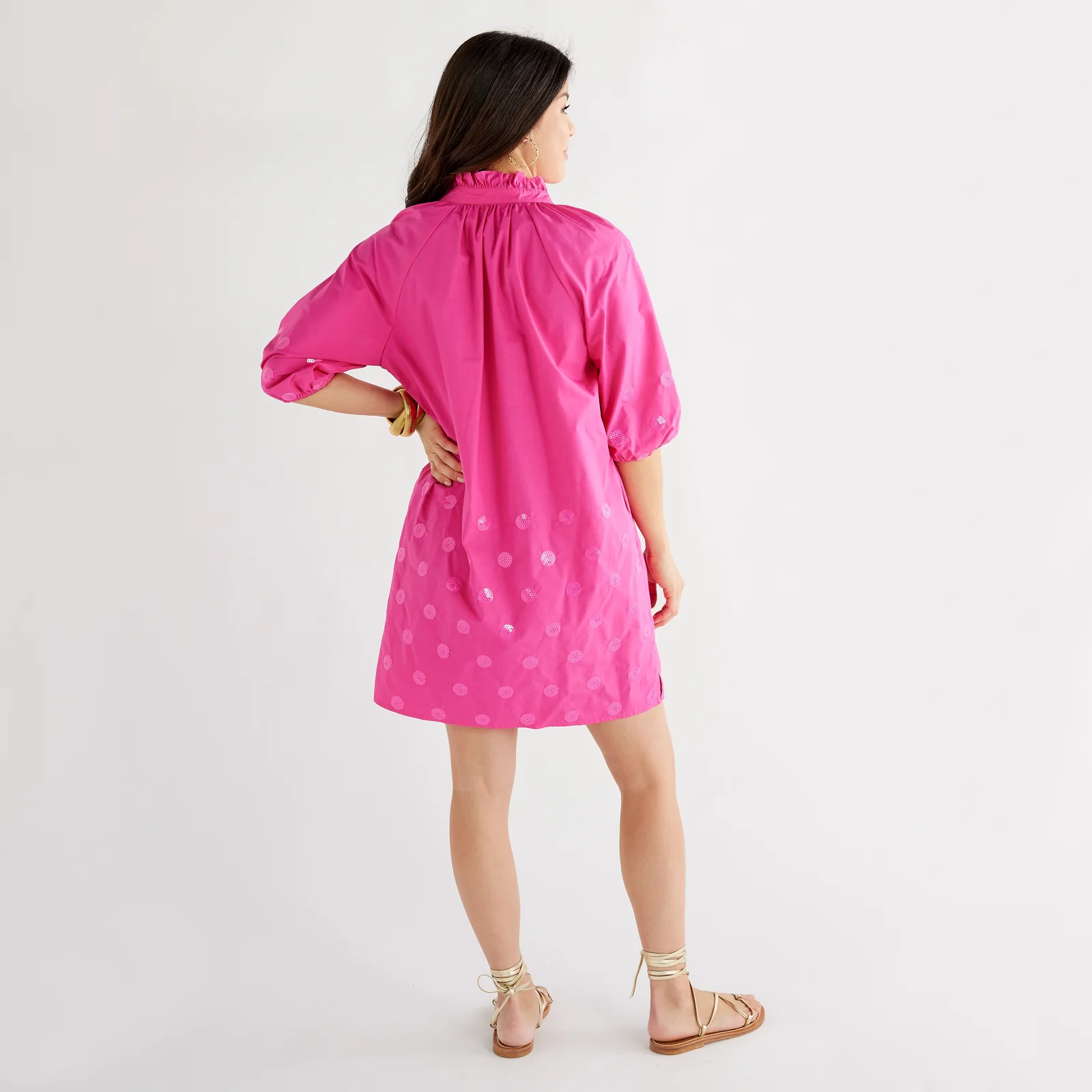 Celia Sparkle Fuschia pink poplin dress with sequin dots and puff sleeves from Caryn Lawn