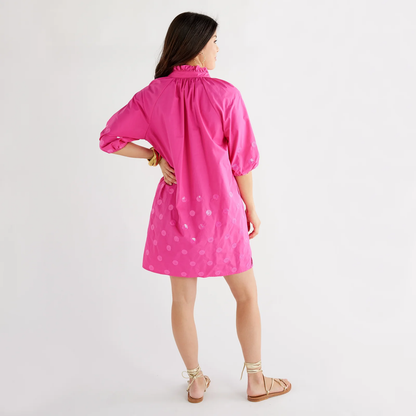 Celia Sparkle Fuschia pink poplin dress with sequin dots and puff sleeves from Caryn Lawn