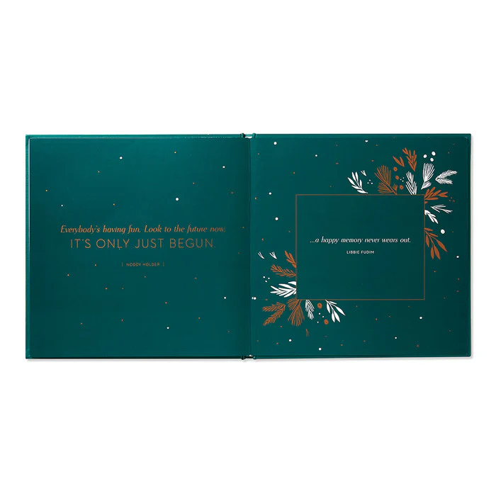 Open holiday-themed book titled "The Most Wonderful Time Of The Year" featuring gold and white festive foliage illustrations and inspirational quotes on dark green pages, reflecting high-quality artisan design.