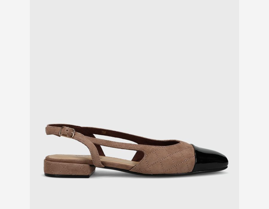 Trill - Military Suede brown quilted slingback with patent black cap toe and buckle strap