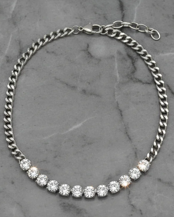 Silver CZ Cuban Necklace with clear stones on silver plated surgical steel chain by FOSSICK IMPORTS