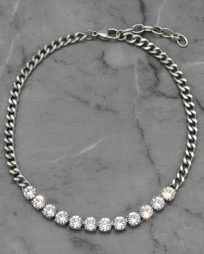 Silver CZ Cuban Necklace with clear stones on silver plated surgical steel chain by FOSSICK IMPORTS