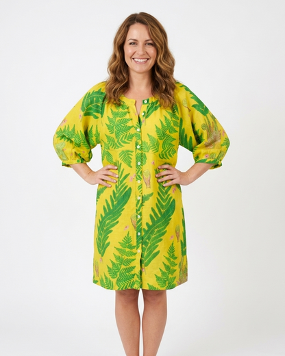 Luna Dress - Fern - Chartreuse in yellow cotton flex with green leaf print and pockets by LA PLAGE CABANA
