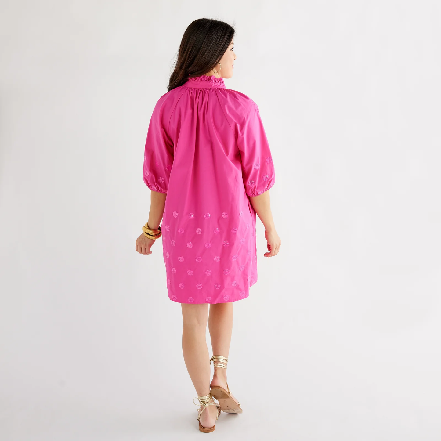 Celia Sparkle Fuschia pink poplin dress with sequin dots and puff sleeves, CARYN LAWN
