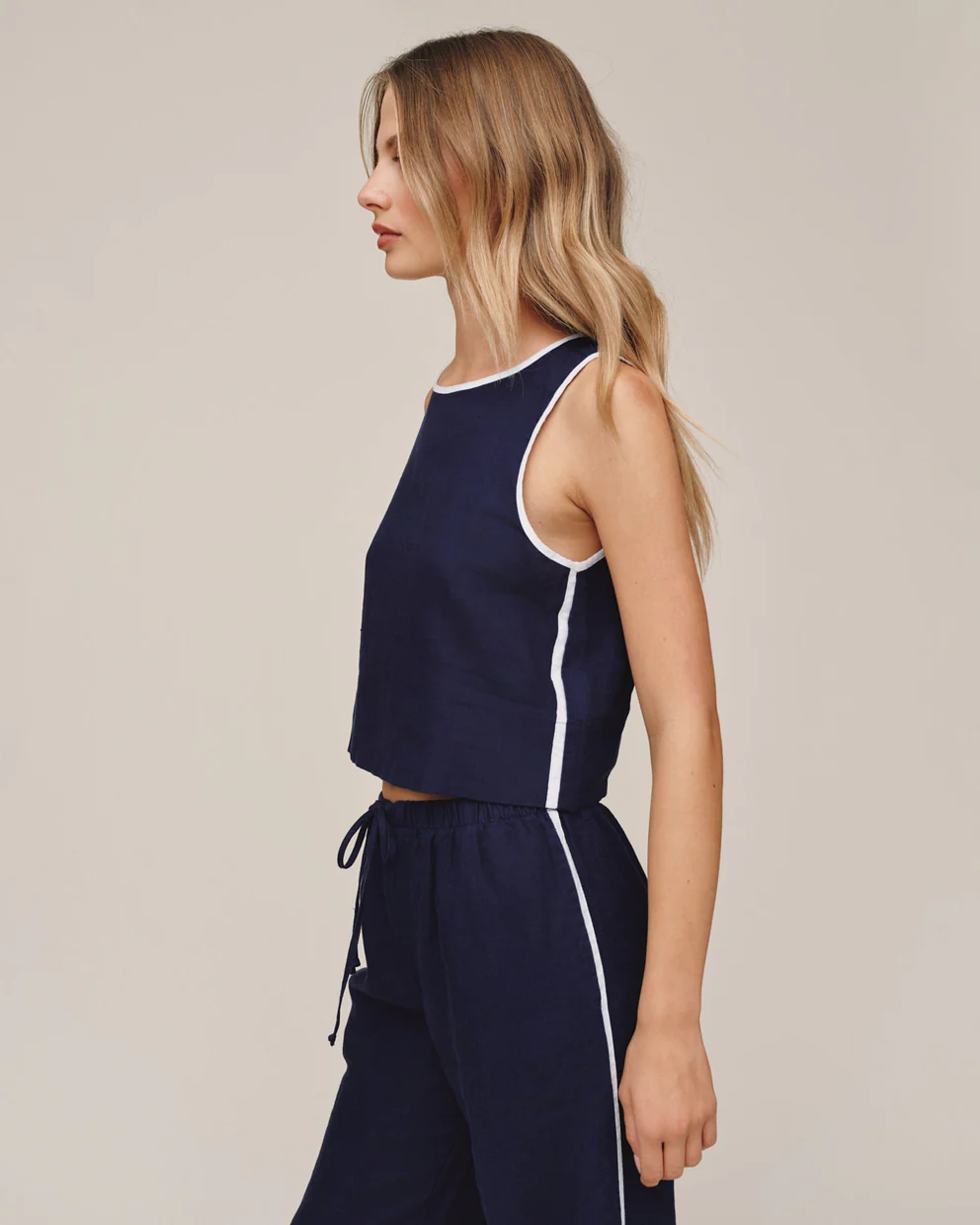 Contrast Keyhole Tank in navy linen with white side stripe and relaxed fit by BELLA DAHL at HCO
