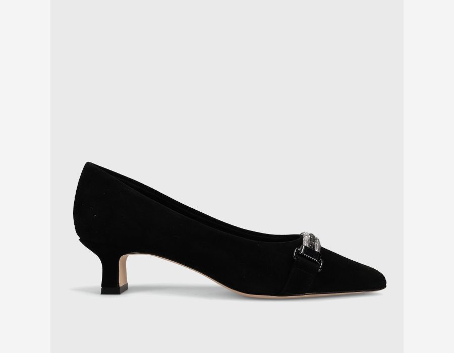 Torey - Black Suede pointed pump with diamanté strap and 1.5 inch heel by VANELI from HCO collection