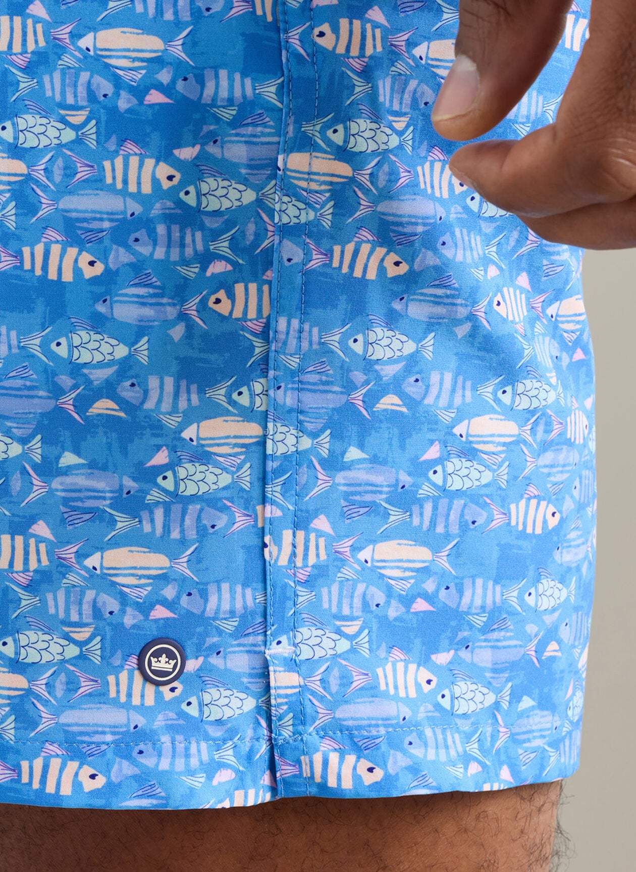 Sunfish Swim Trunk in blue animal and geometric fish print with lightweight stretch fabric