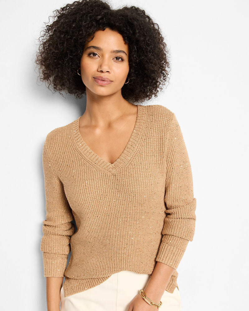 Shimmer Waffle V-Neck Sweater