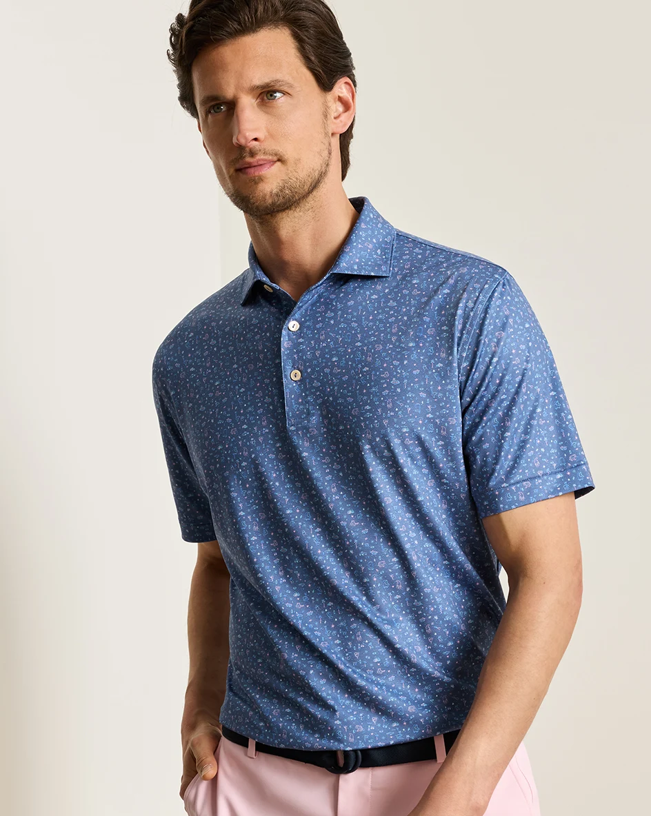 Ridge Performance Jersey Polo in blue dot pattern with moisture wicking and UV protection