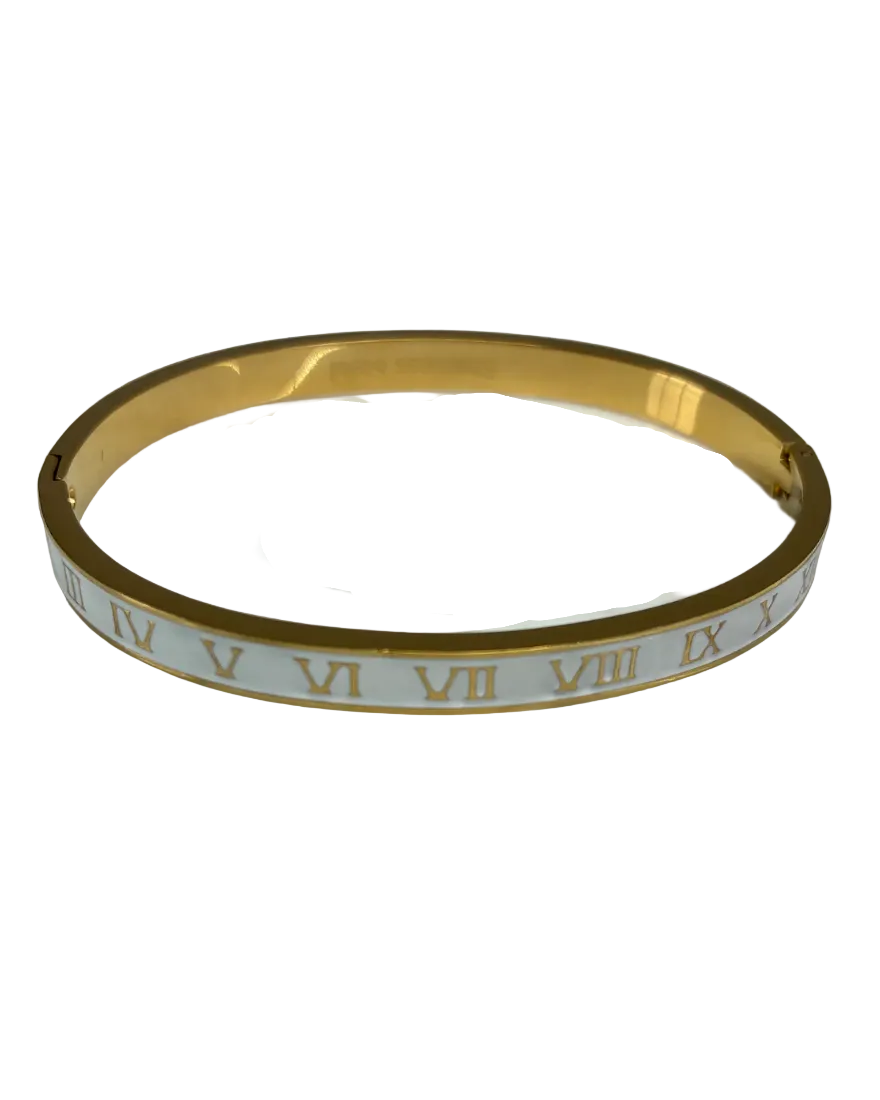 Enamel Roman Numeral Bangle in gold plating with white enamel, FOSSICK IMPORTS, Fredericksburg TX