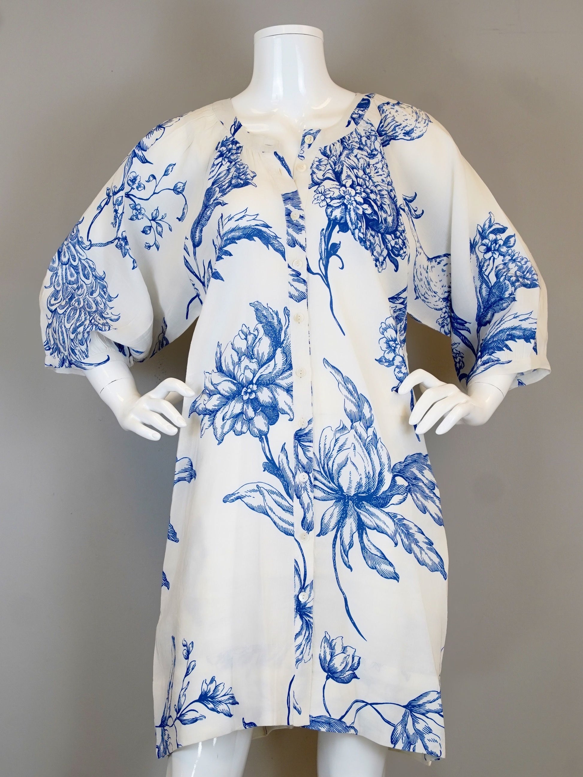 Luna Dress - Peacock, White/Blue floral linen blend dress by LA PLAGE CABANA, HCO Fredericksburg
